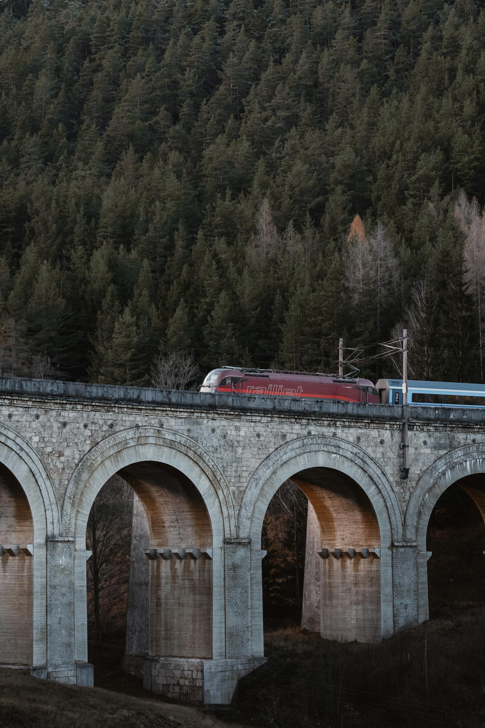 A vibrant train crosses the iconic Semmering Viaduct against a lush forest backdrop in Lower Austria.