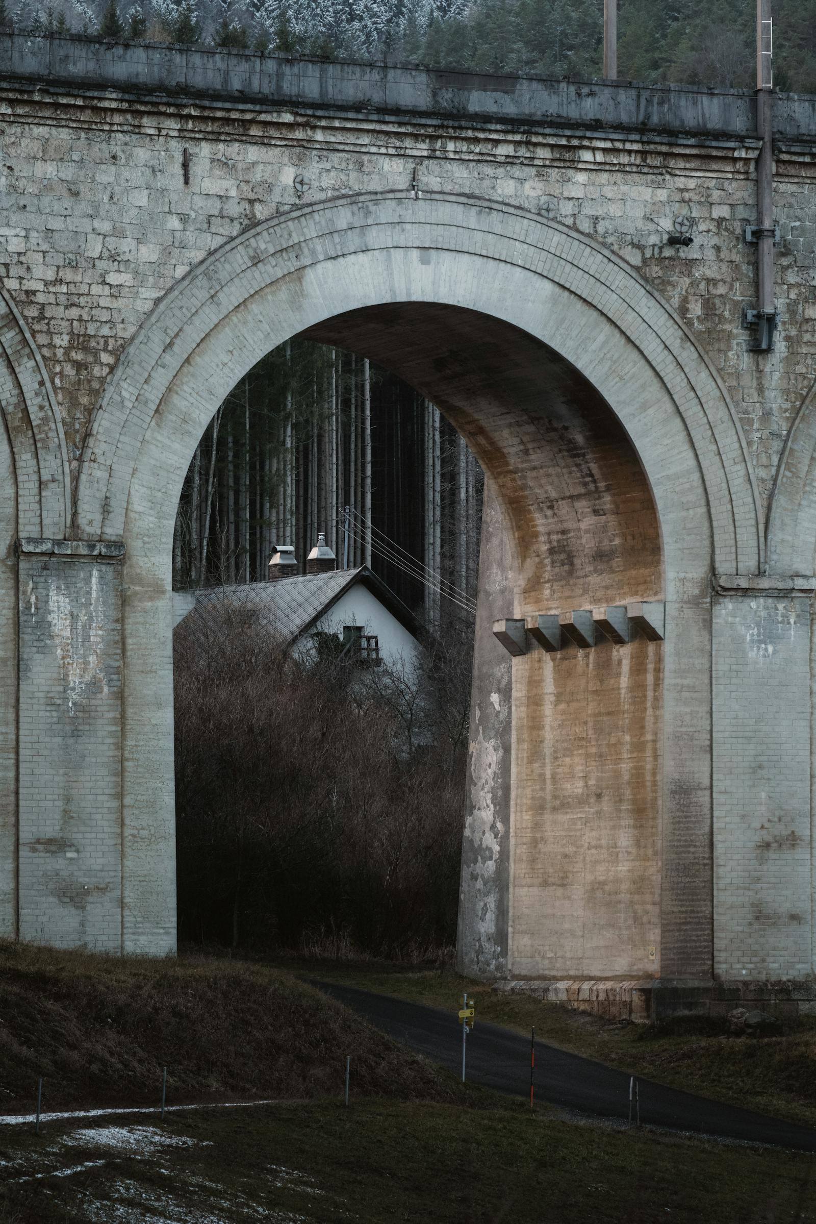 Capture of the iconic Semmering railway bridge in Austria, framed by forest and mist.