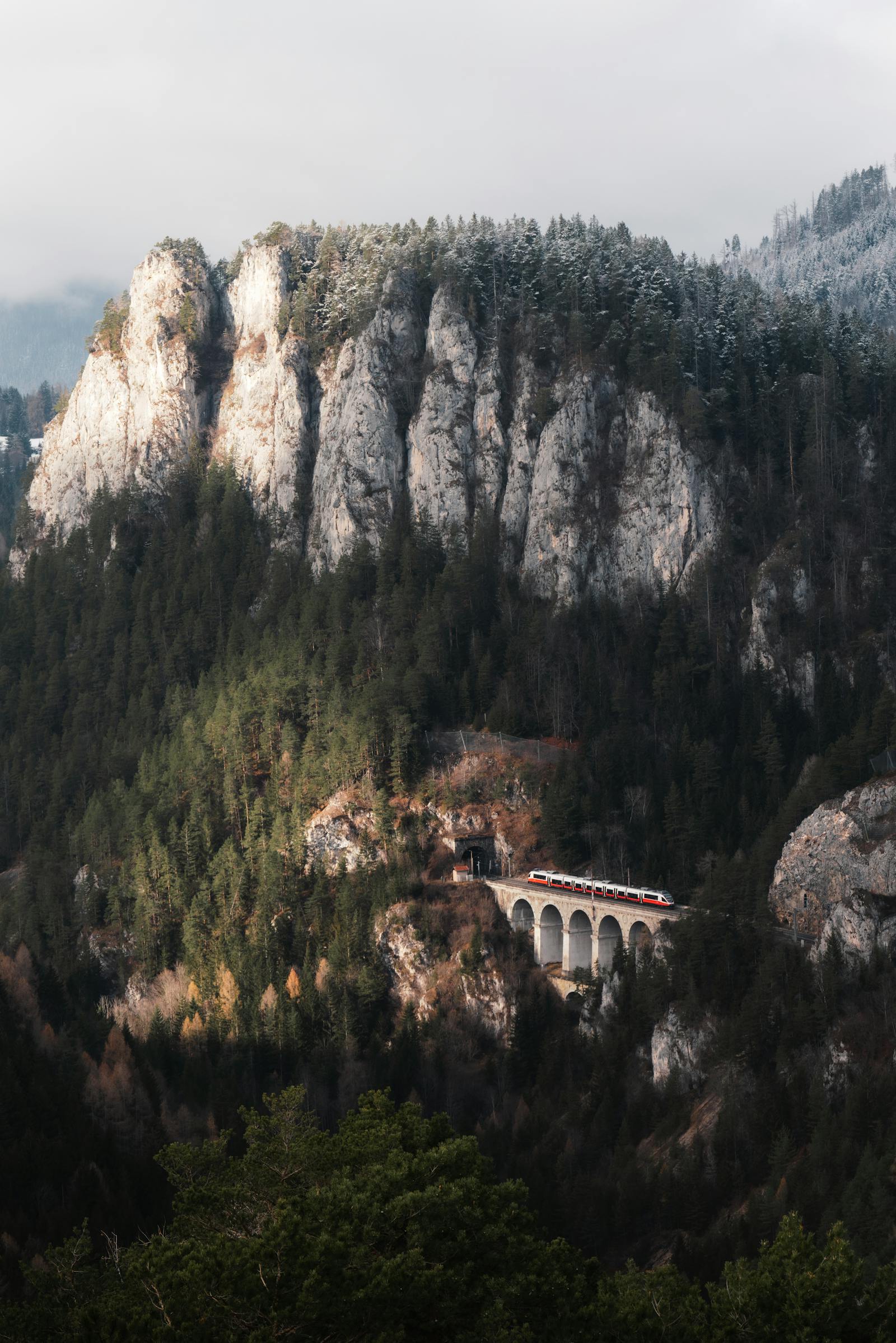 A breathtaking view of a train crossing the historic Semmering Viaduct surrounded by lush forests and rocky cliffs in Lower Austria.