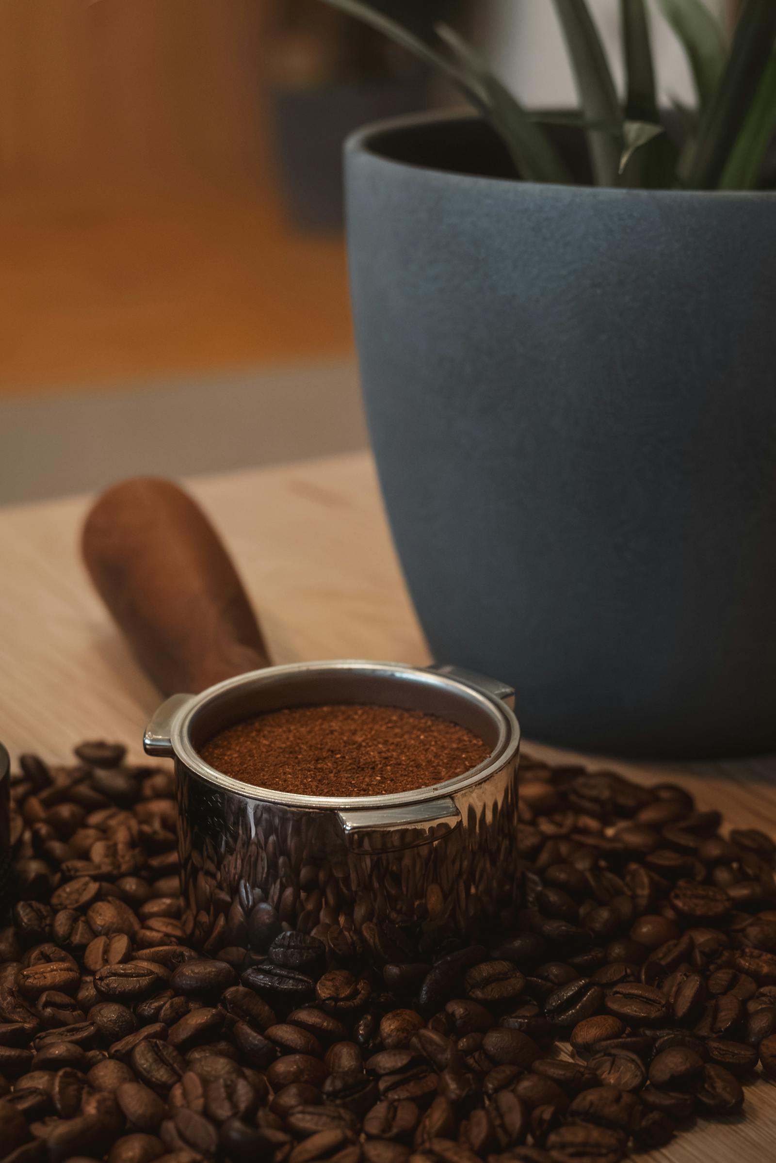 A portafilter filled with fresh coffee grounds surrounded by beans, showcasing rich aromas and brewing perfection.