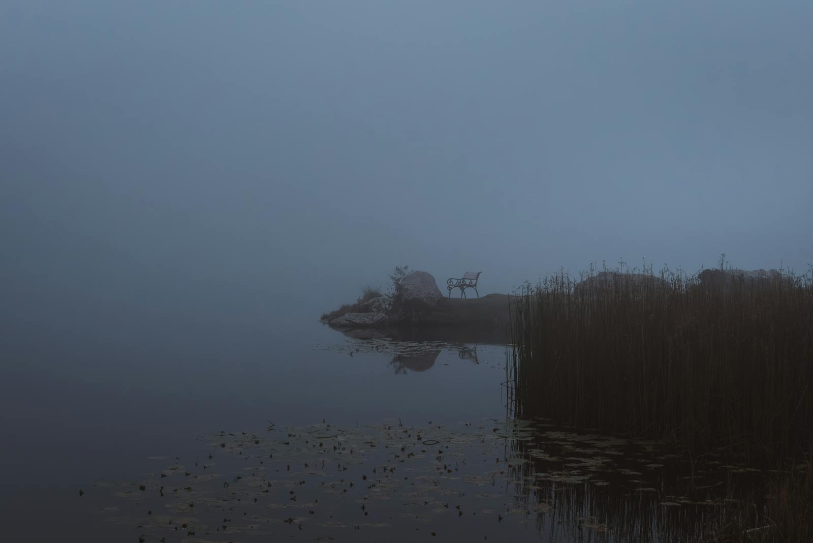 Tranquil foggy scene with a bench by a lake in Styria, Austria, exuding calm and solitude.