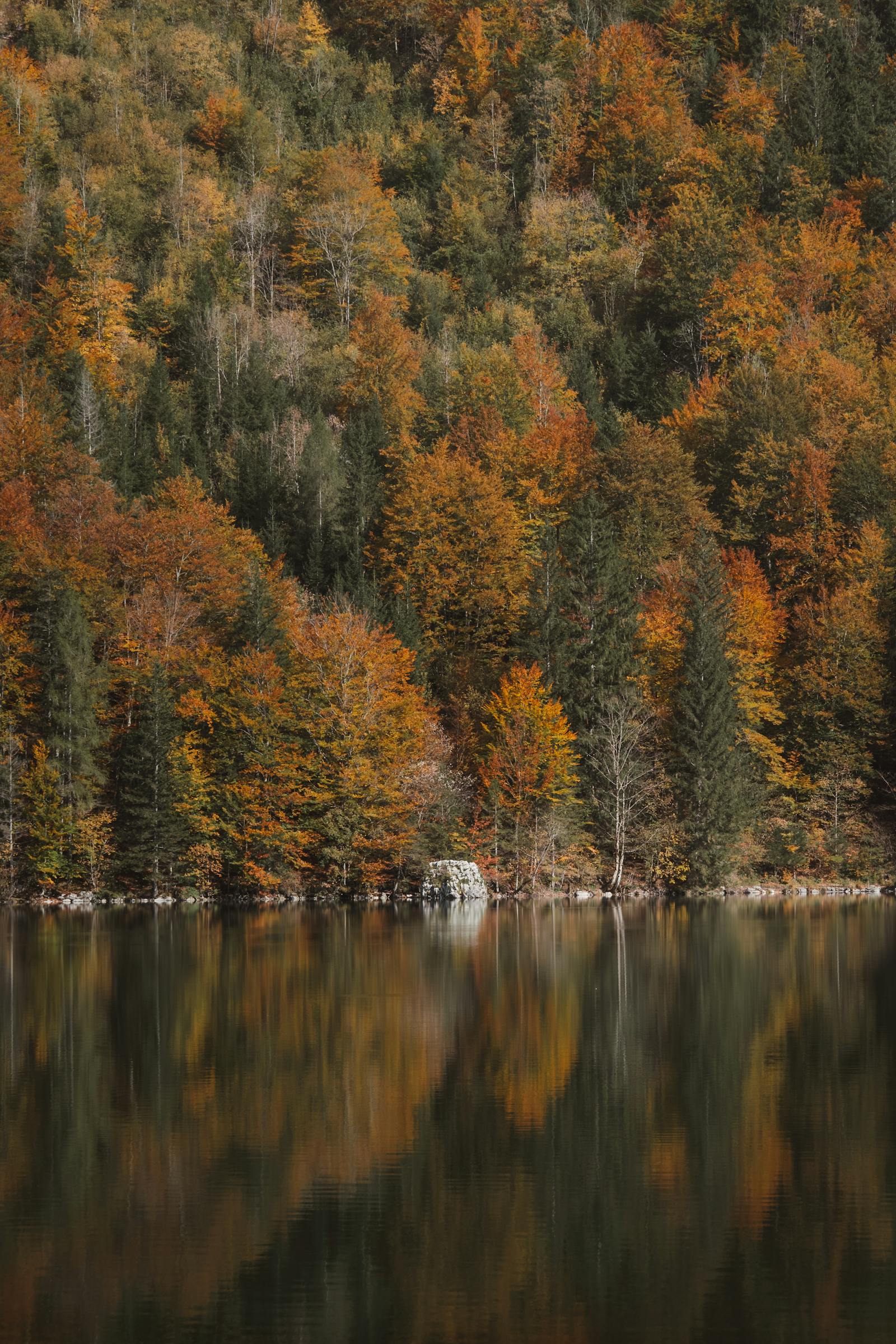 Stunning autumn colors reflect on a tranquil mountain lake in Eisenerz, Austria.