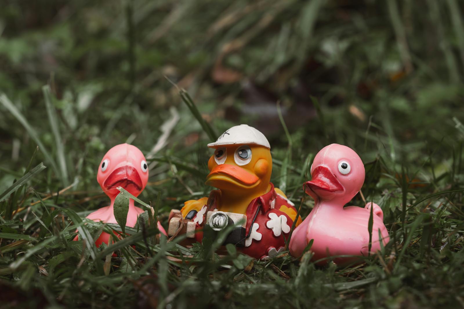 Colorful rubber ducks in a playful outdoor setting among green grass and natural foliage.