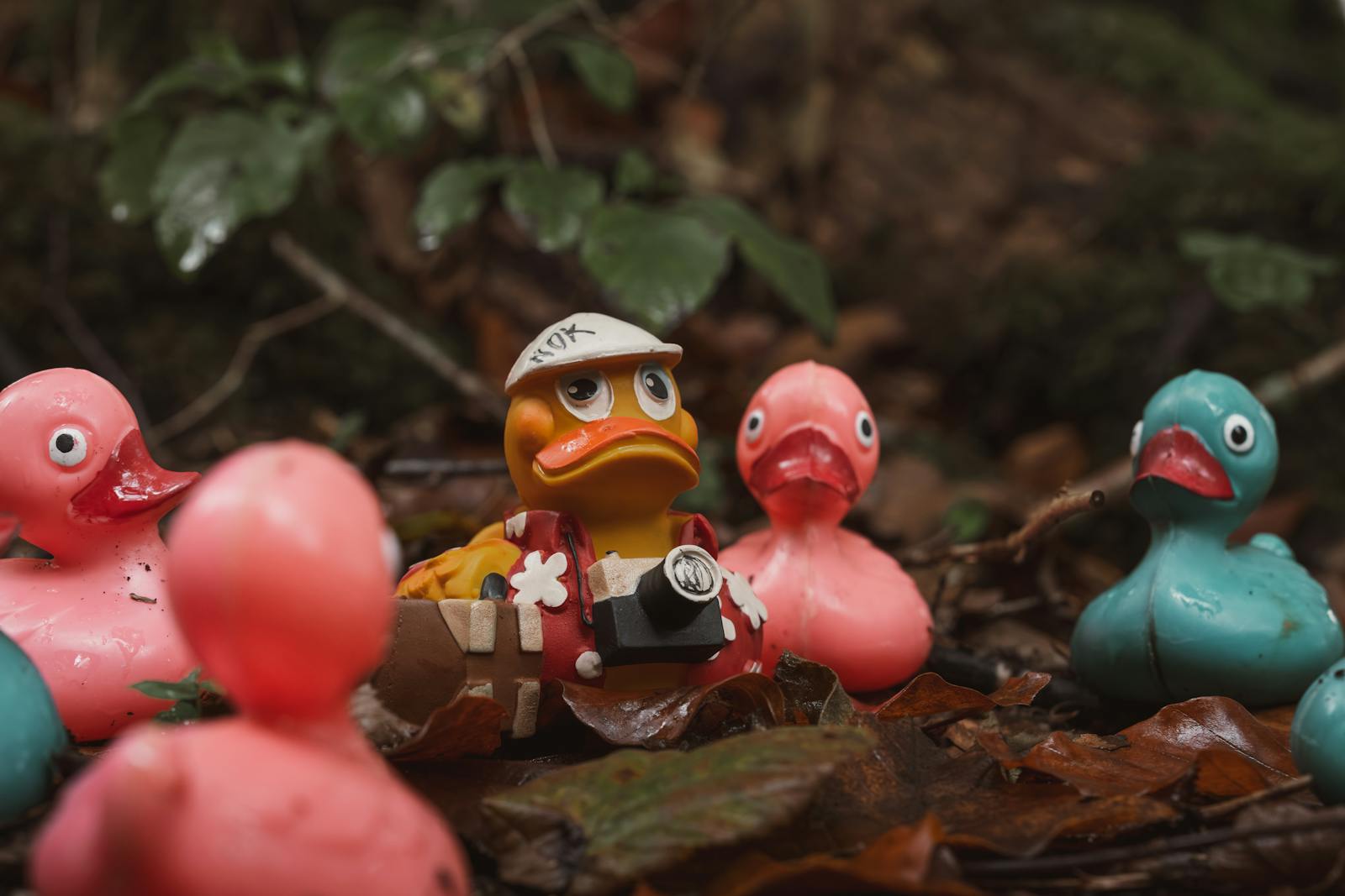 Colorful toy rubber ducks creatively arranged in a whimsical forest scene.