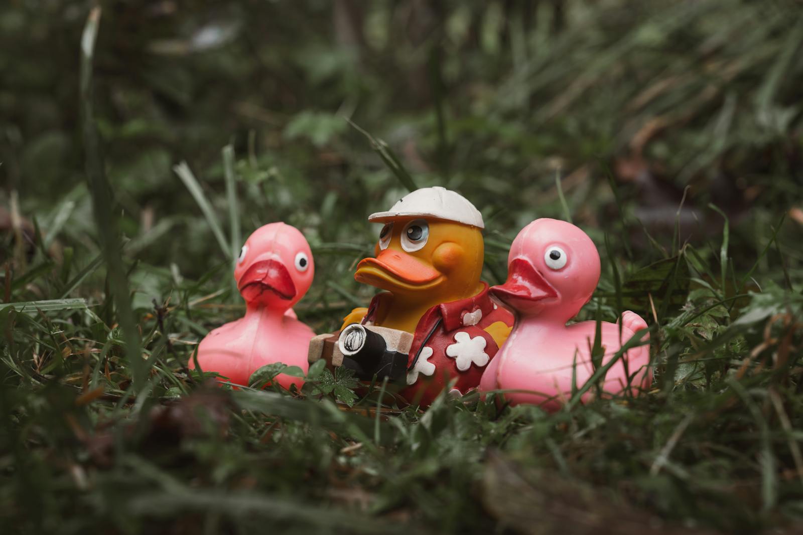 Playful rubber duck trio in an outdoor forest scene, adding charm and whimsy to nature.