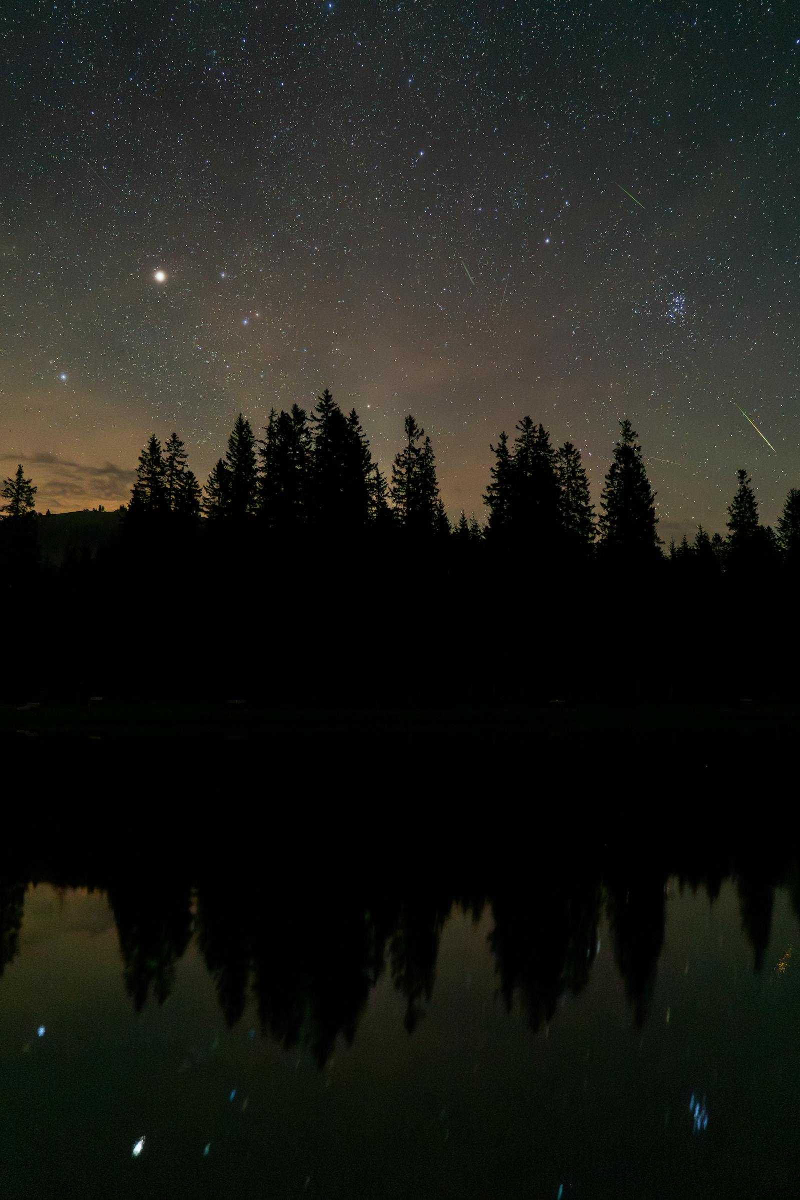 A mesmerizing view of the night sky over a tranquil forest reflected on a calm lake.