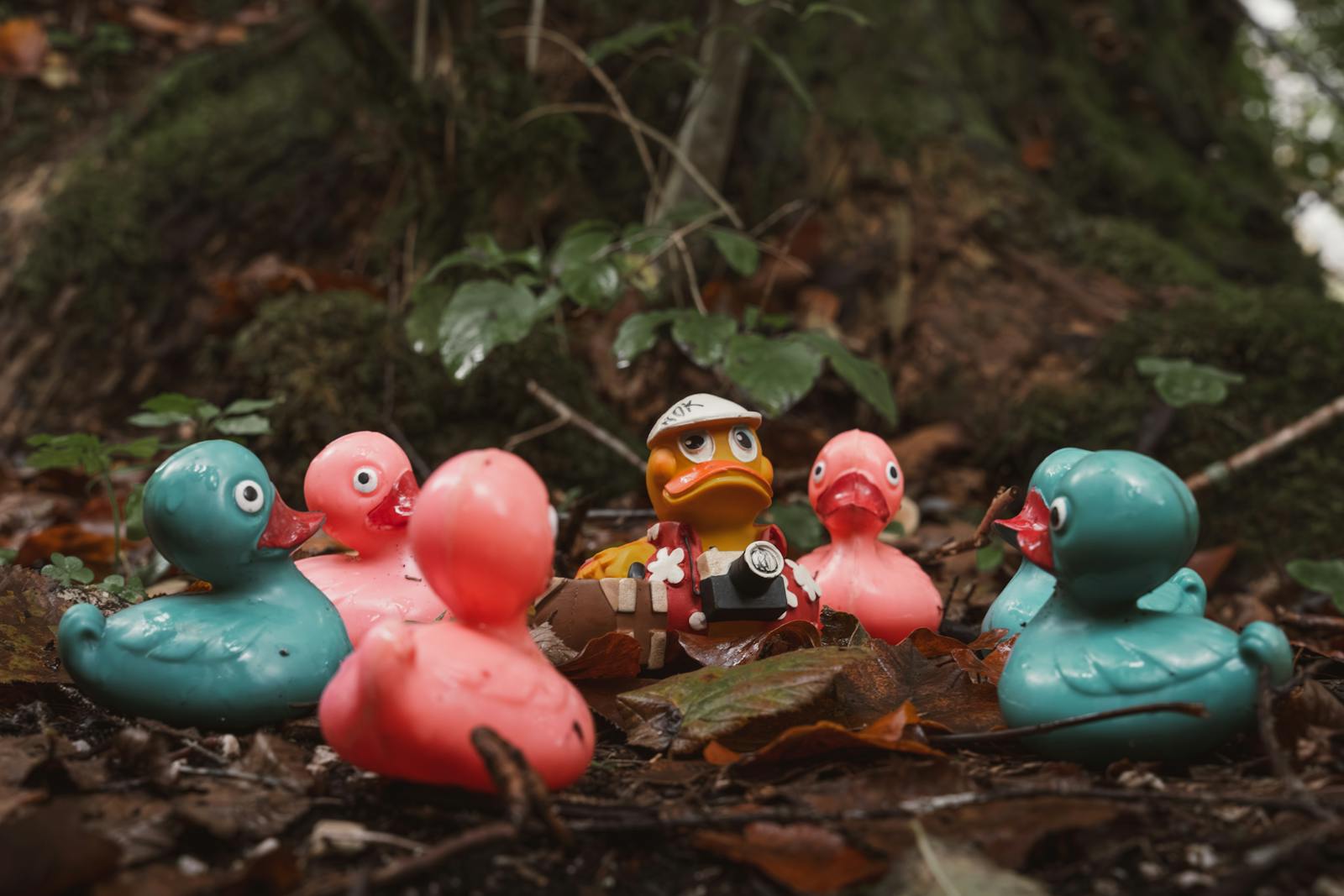 Colorful rubber ducks arranged in a whimsical forest scene, creating an enchanting display.