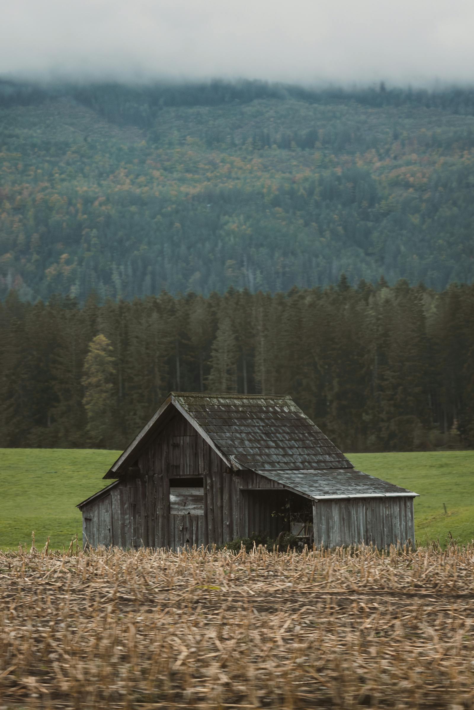 Charming rustic barn nestled in the autumn landscape of Bad Aussee, Styria, Austria.