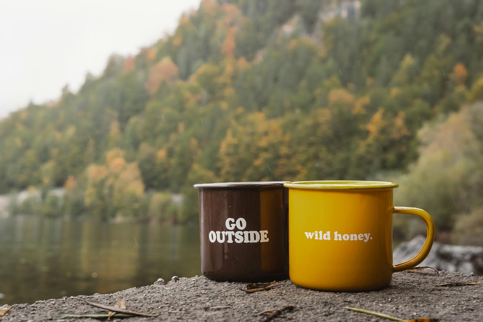 Two colorful mugs with motivational text by a lake surrounded by autumn foliage, capturing cozy outdoor vibes.