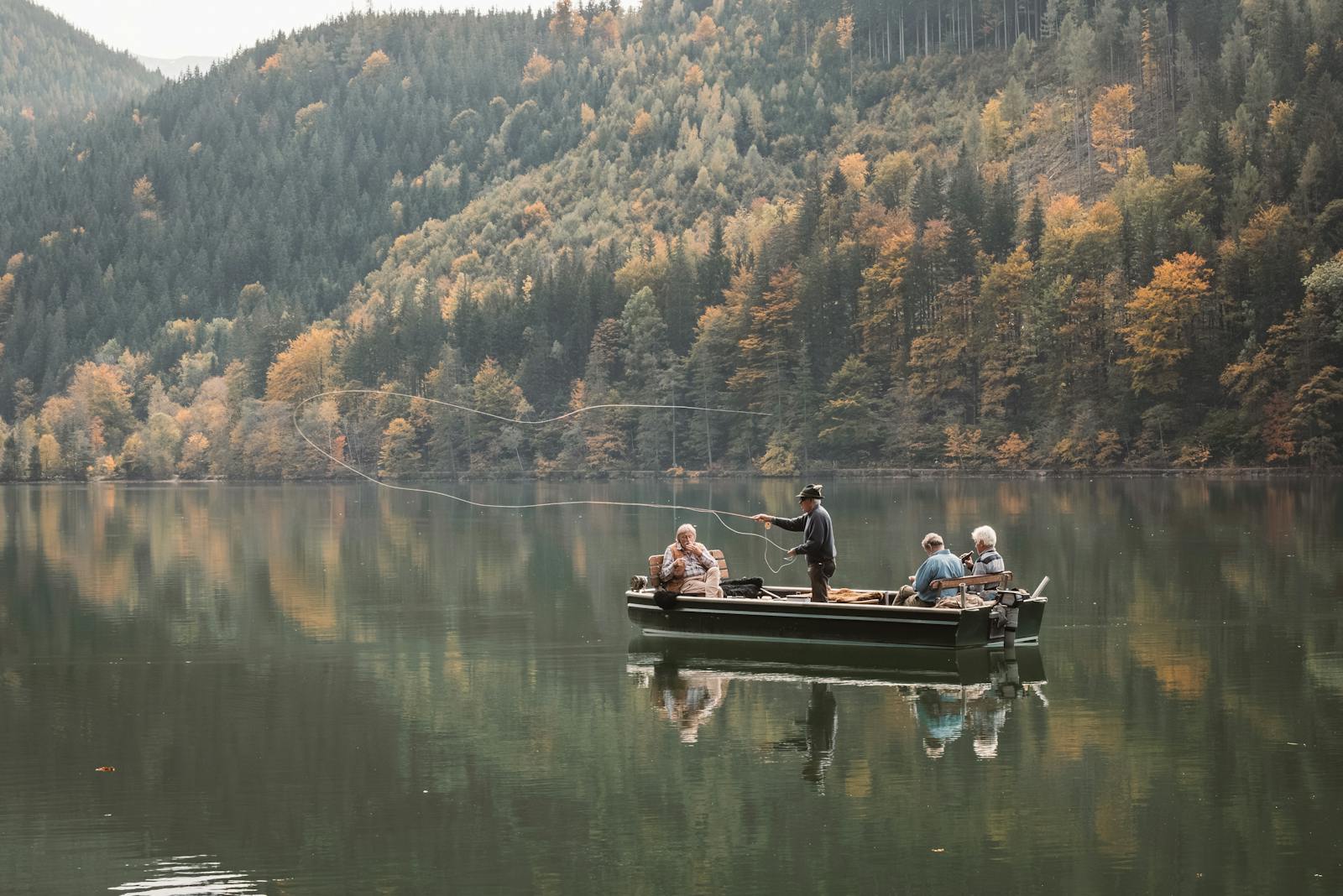 A group enjoys a peaceful fishing trip on an Austrian lake surrounded by beautiful autumn foliage.