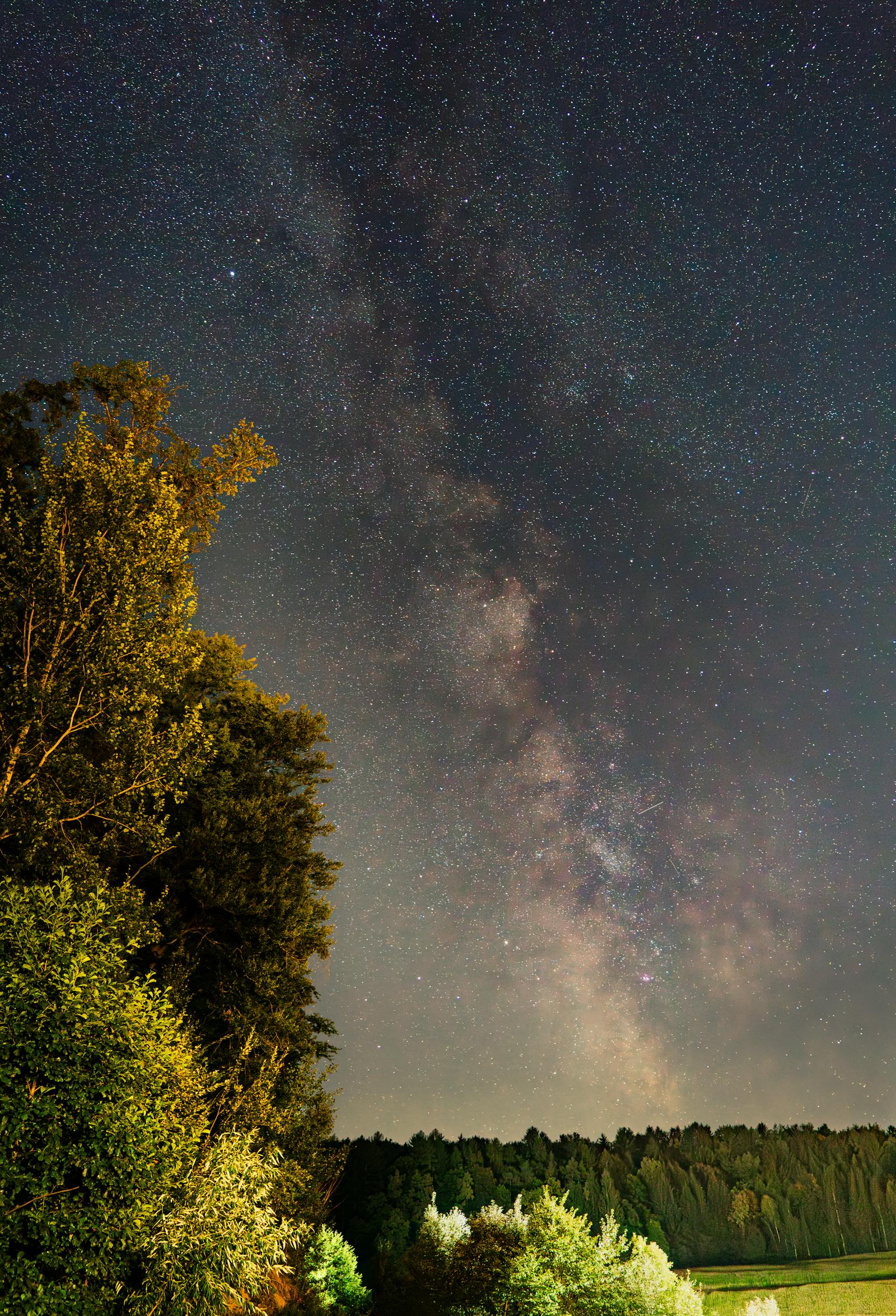 A breathtaking view of the Milky Way over a forest in Graz, Austria, under a starry night sky.