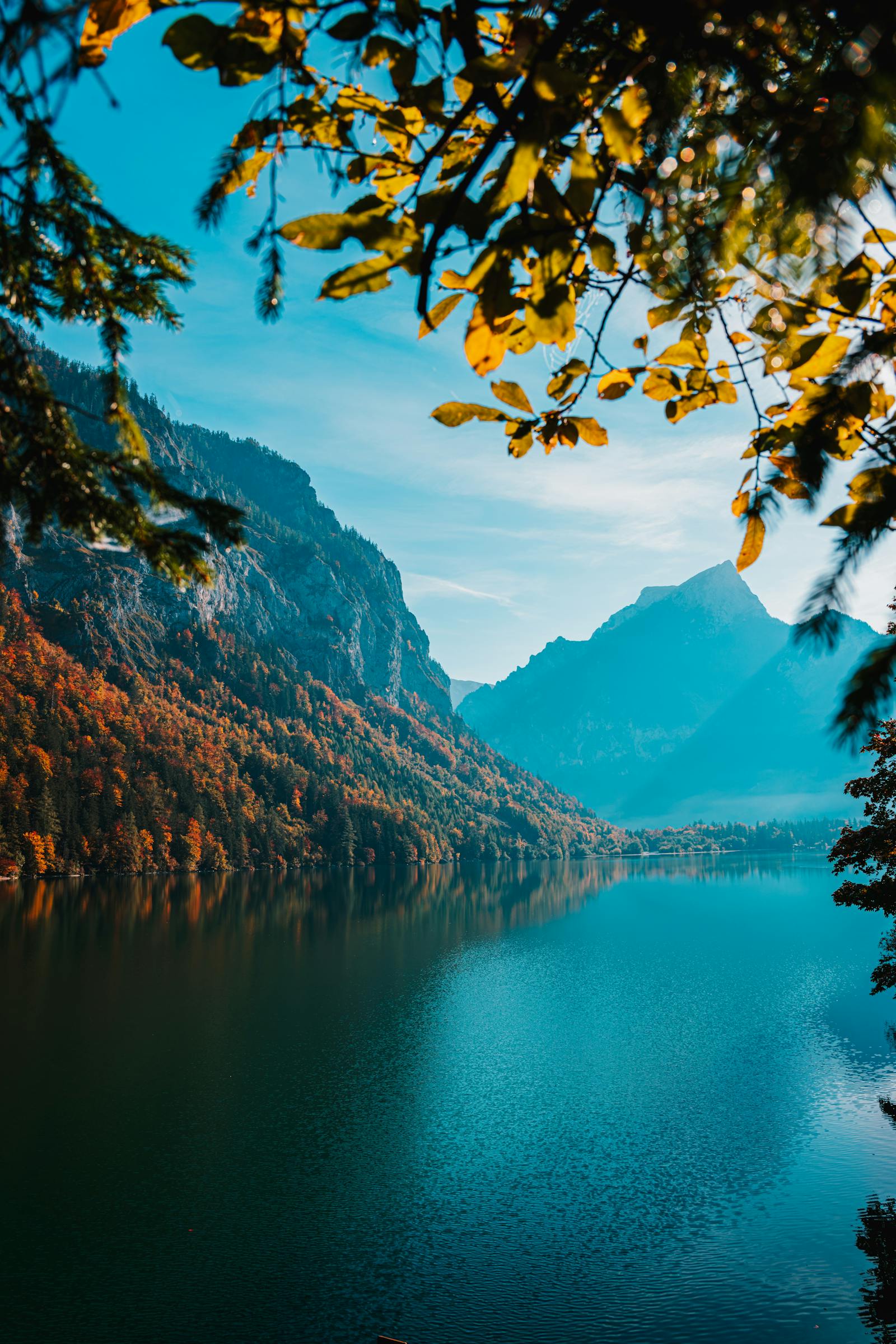 Beautiful autumn scenery of a mountain lake with vibrant fall foliage in Eisenerz, Austria.