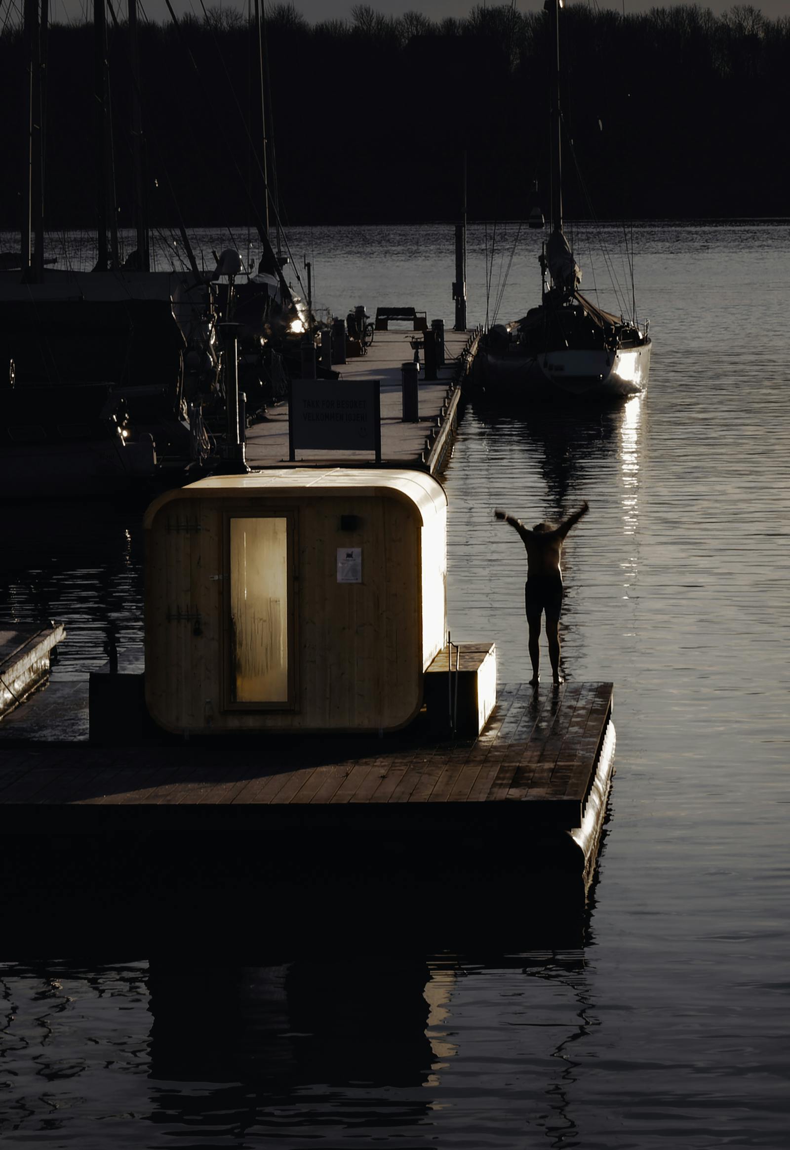 A peaceful evening scene at Oslo marina with a silhouette by calm waters. Perfect for travel inspiration.