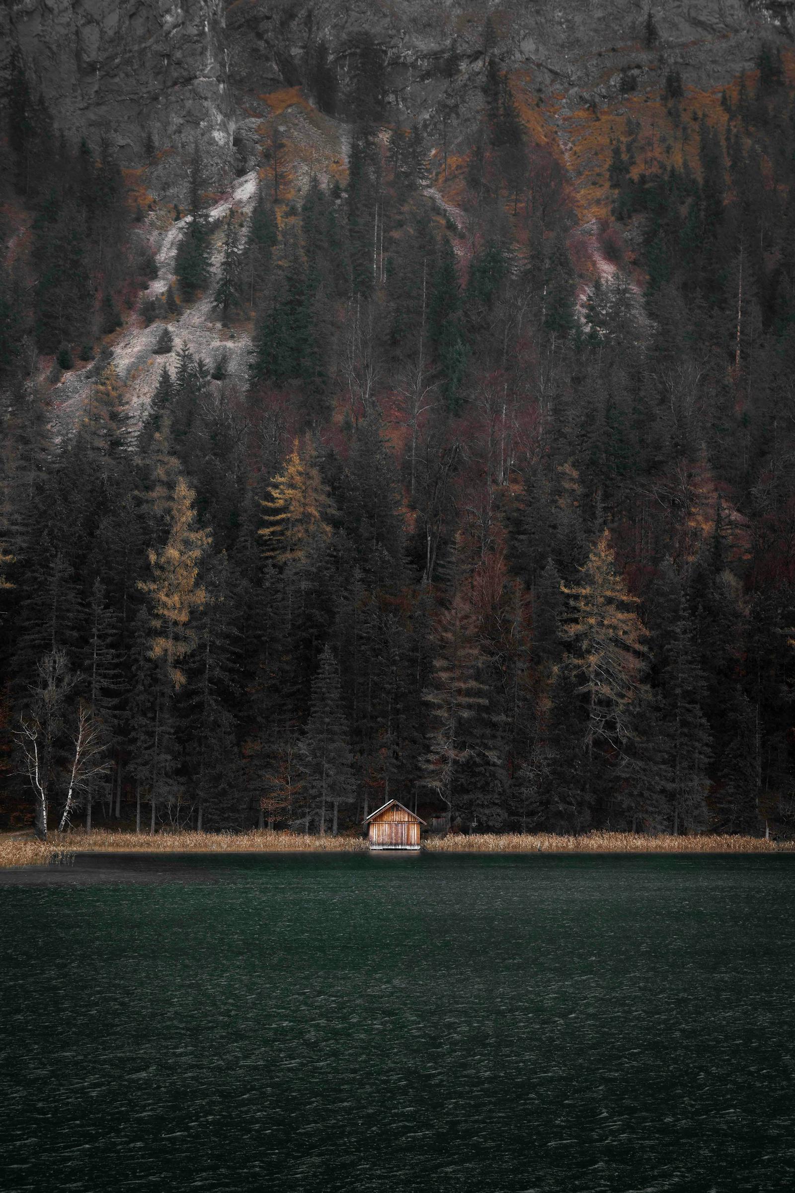 Peaceful cabin by a forest lake, surrounded by mountains in autumn, Styria, Austria.