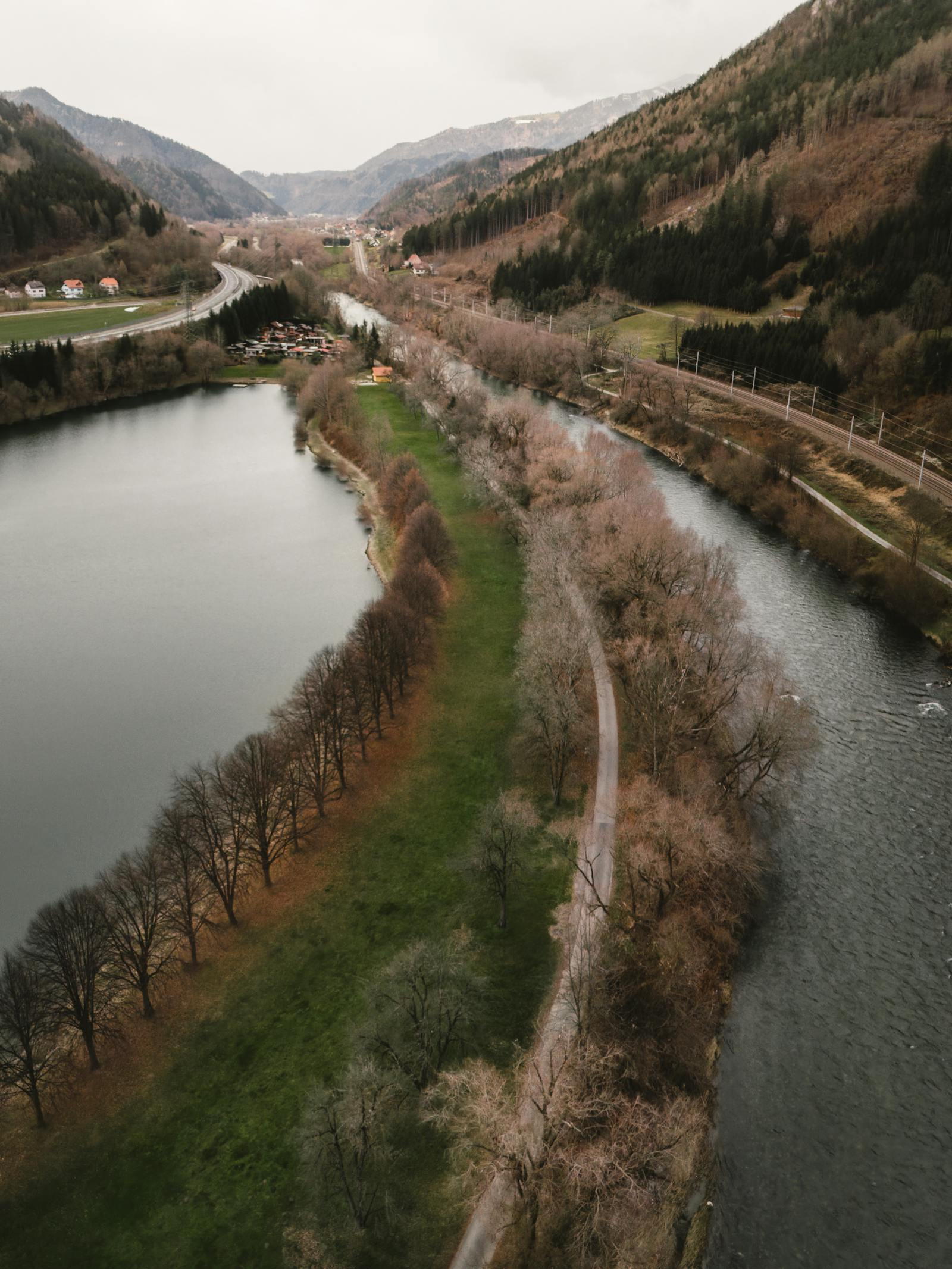 aerial view of scenic river valley in austria