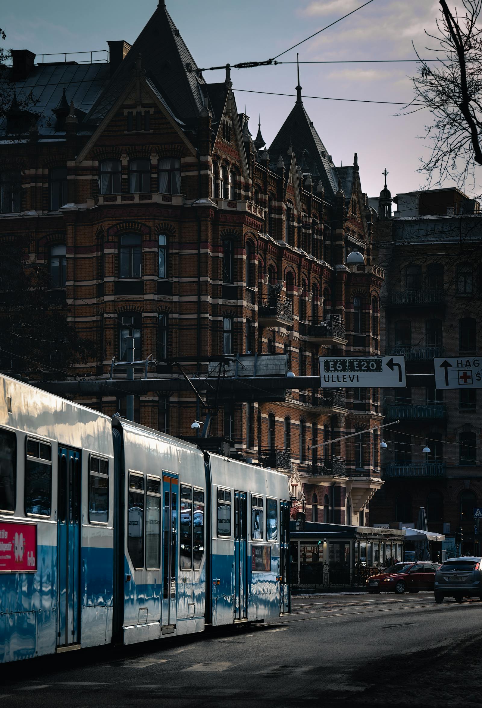 Experience a vintage tram ride in historic Oslo, Norway on a cold winter morning.