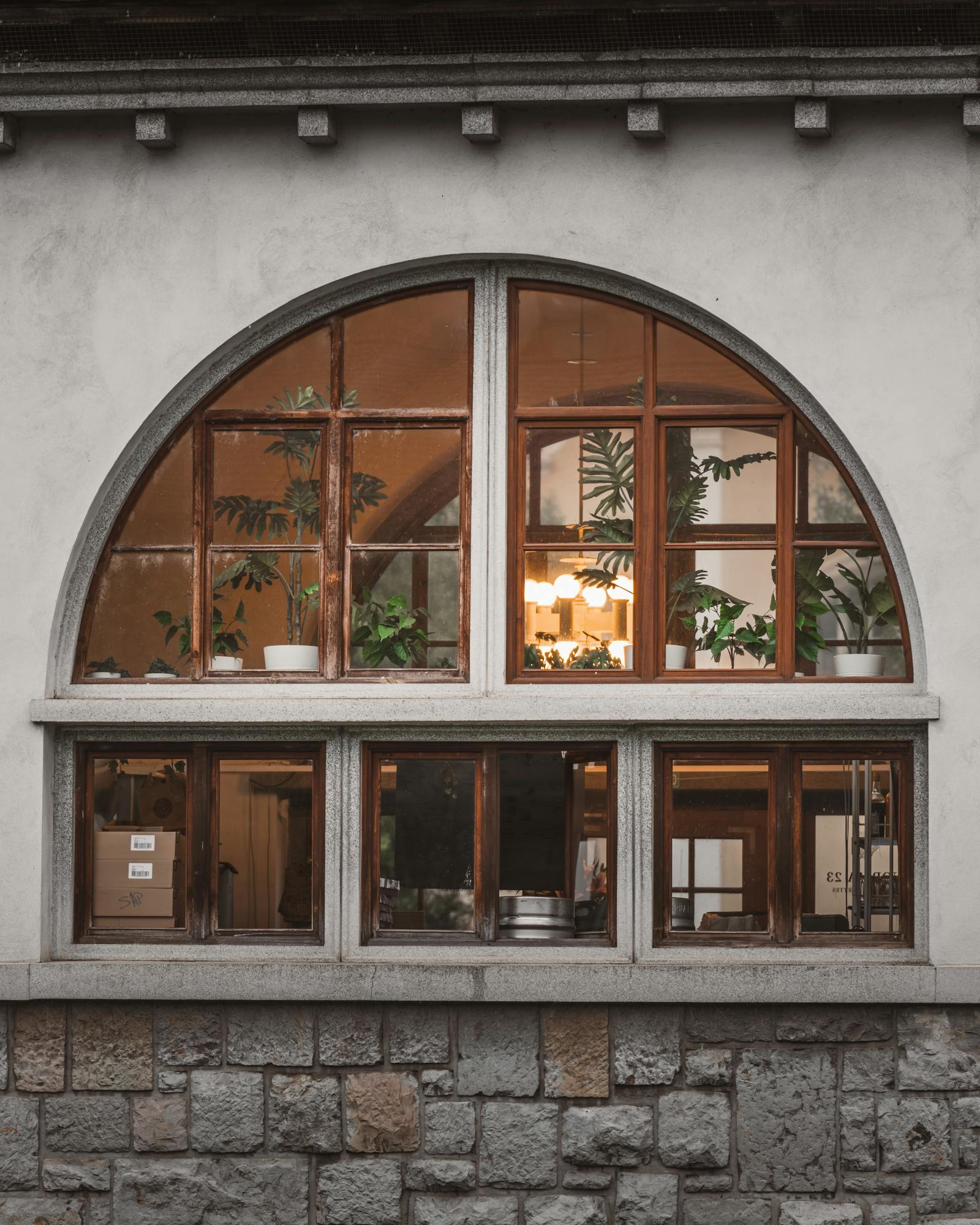 Cozy cafe interior viewed through a charming arched window with lush plants.