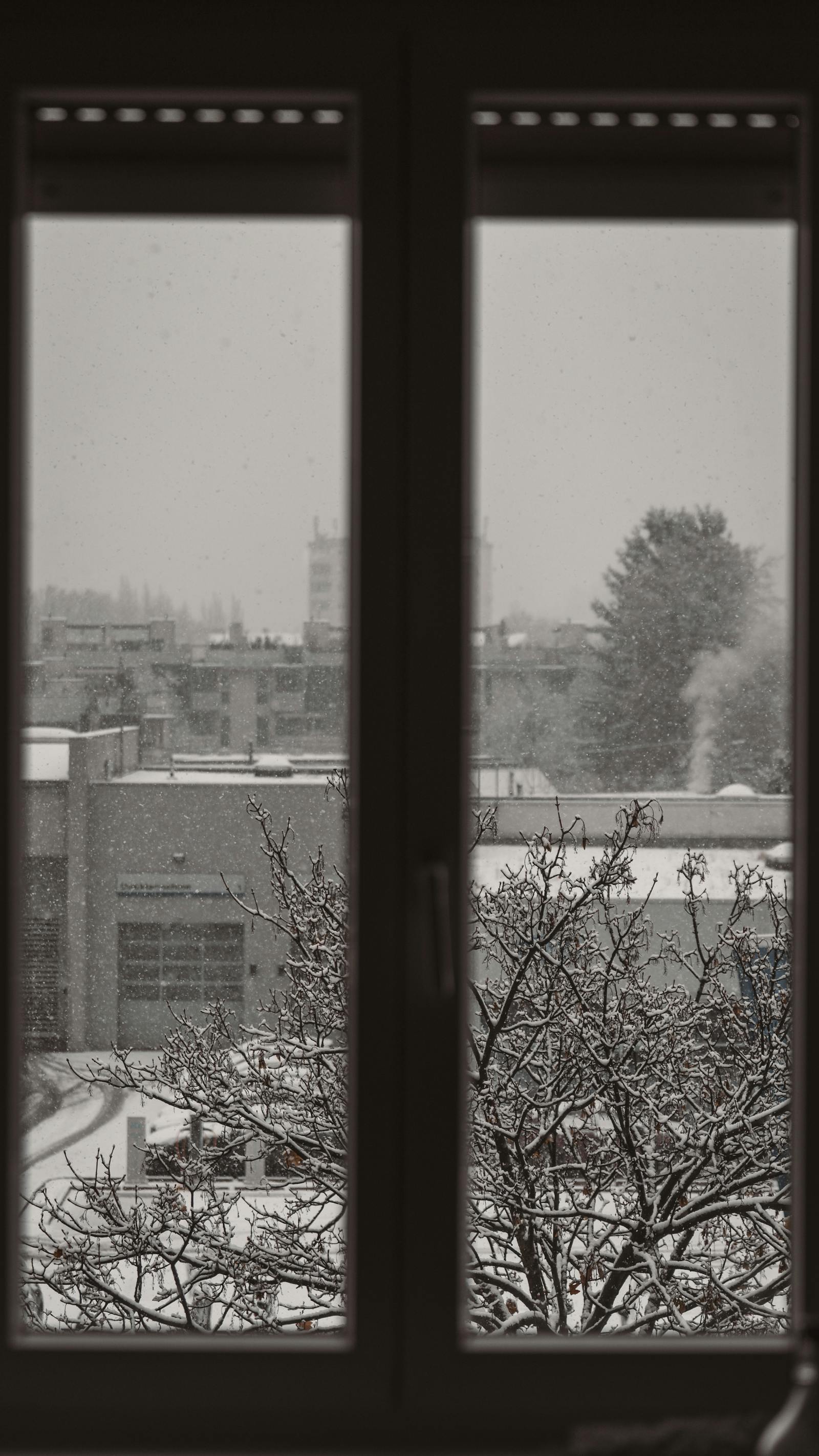 Serene urban cityscape of Graz seen through a window during a tranquil snowfall, enhancing the winter mood.