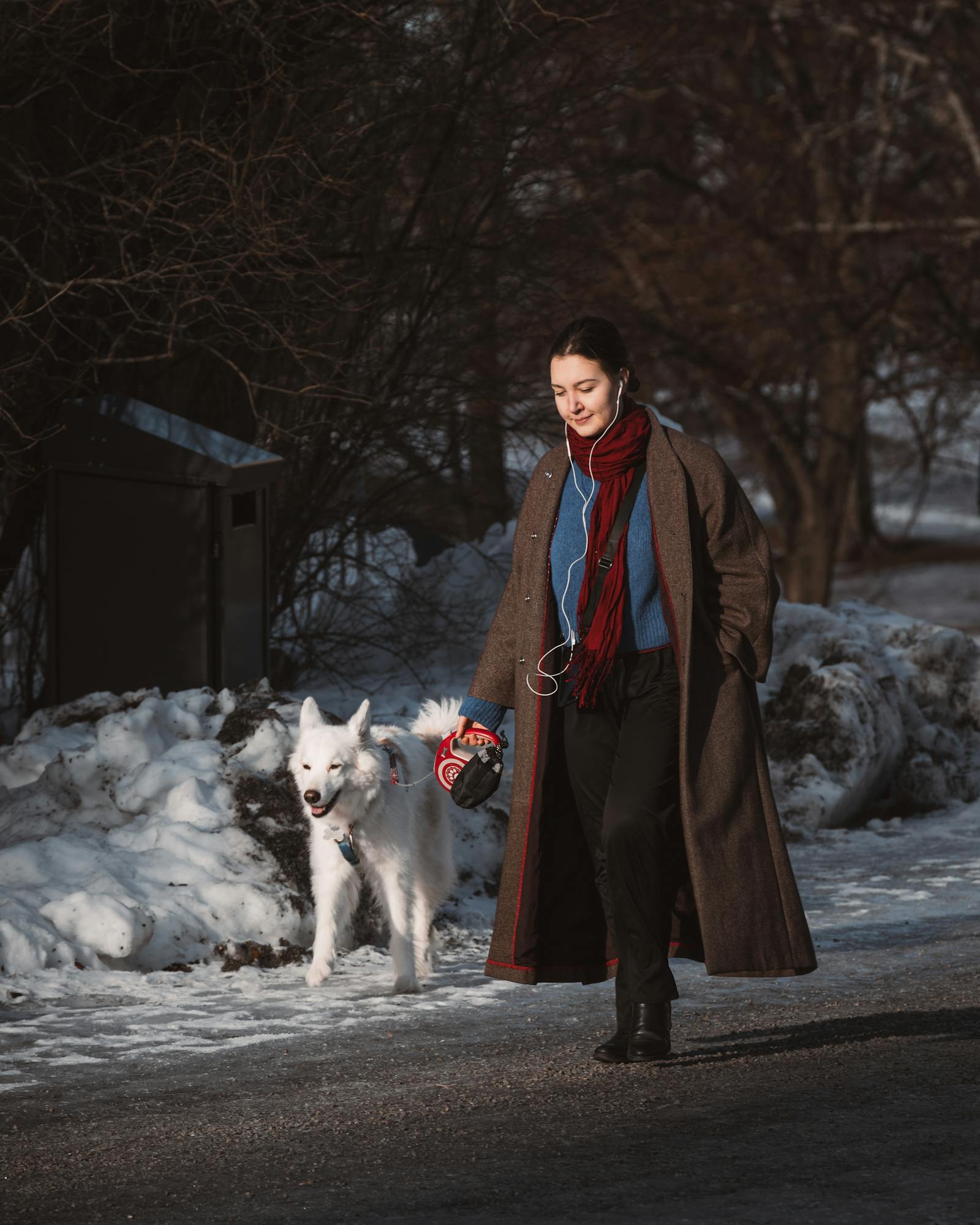 A woman in a winter coat walks her dog on a snowy street in Stockholm, Sweden, enjoying a tranquil winter day.