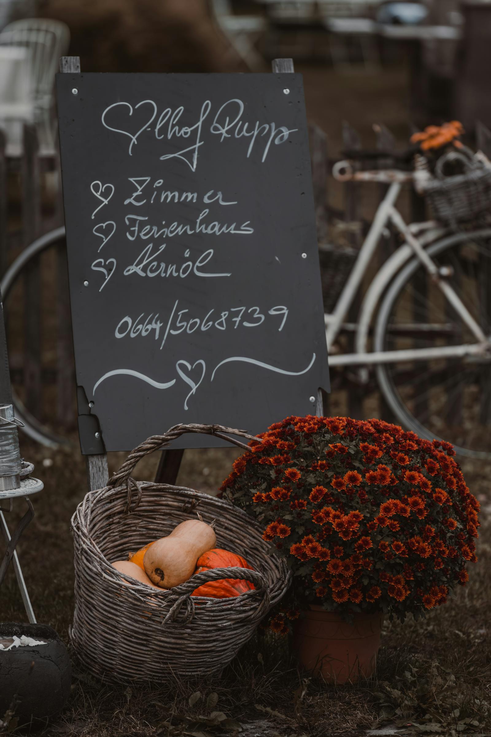 Autumnal outdoor scene in Graz, Austria with a bicycle, flowers, and a chalkboard sign.