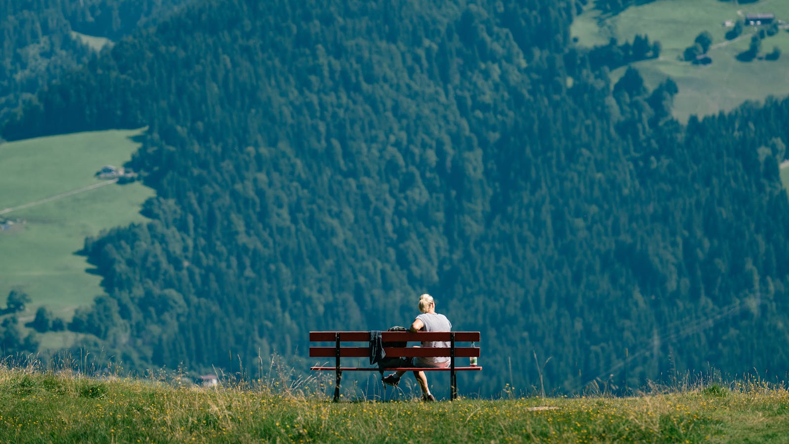 Woman enjoying serene view from a hilltop bench, surrounded by lush mountains in summer.