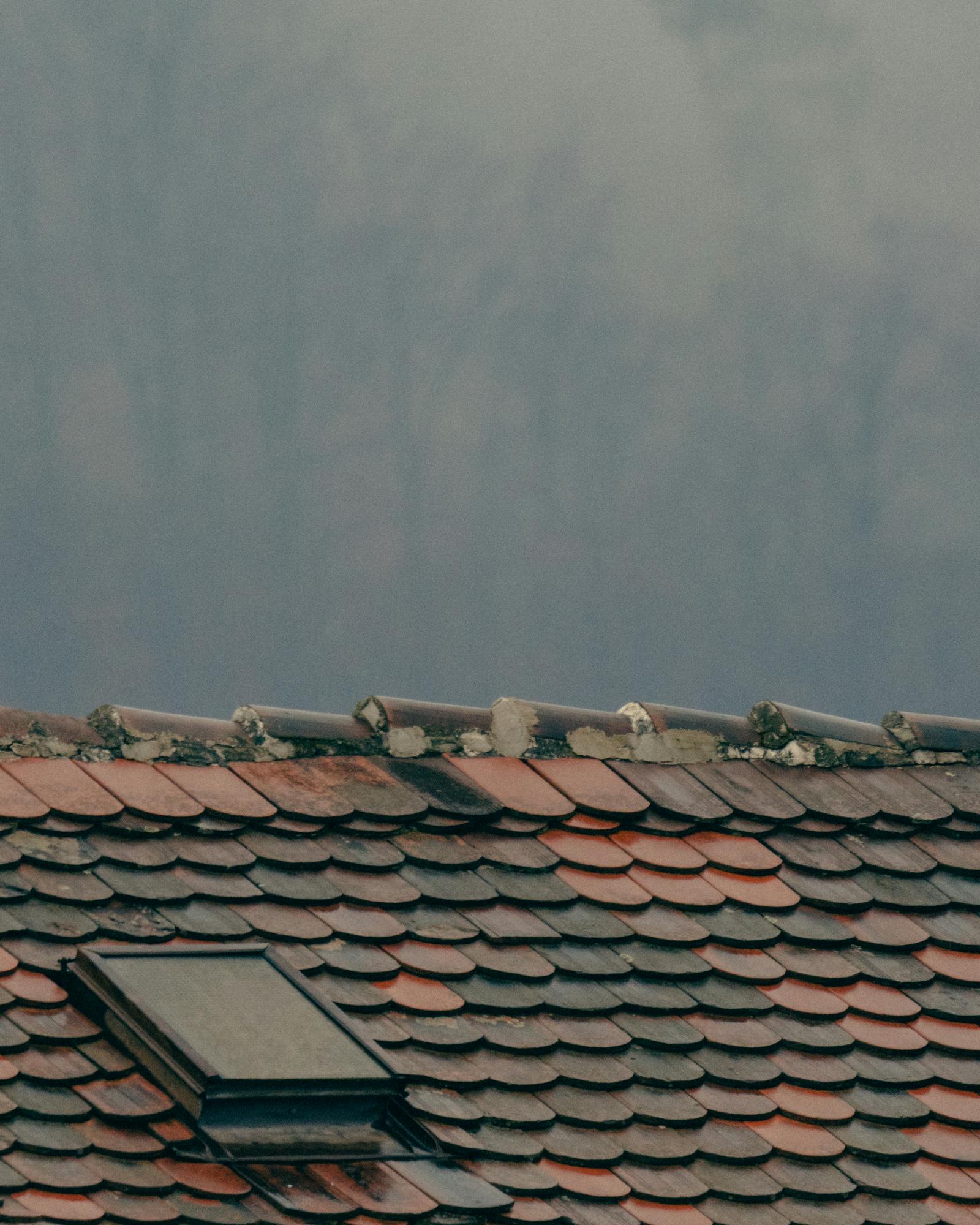 Close-up of a rustic tiled roof in Graz, Austria, showcasing unique textures.