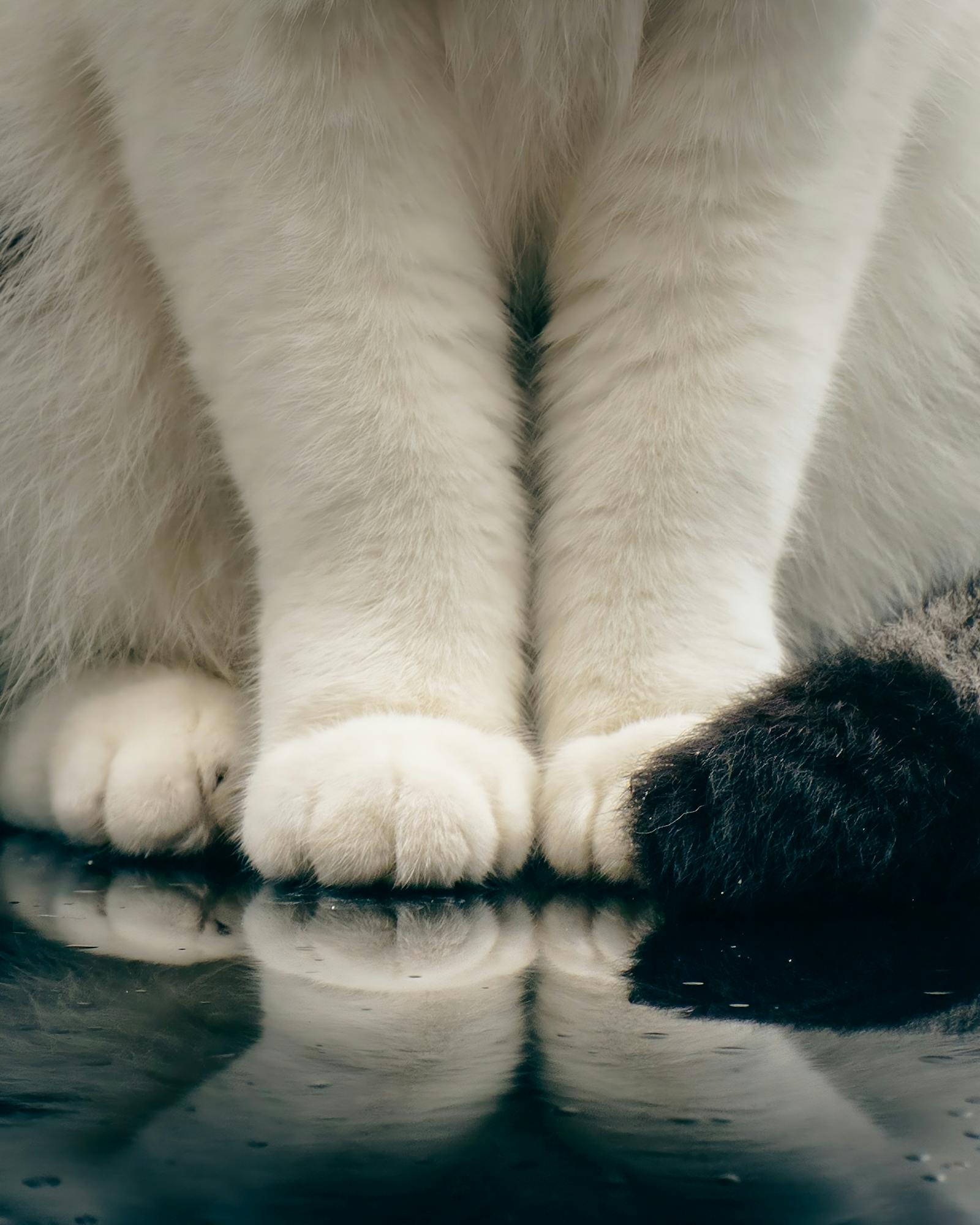 Delightful close-up of domestic cat paws reflected on a glossy surface.