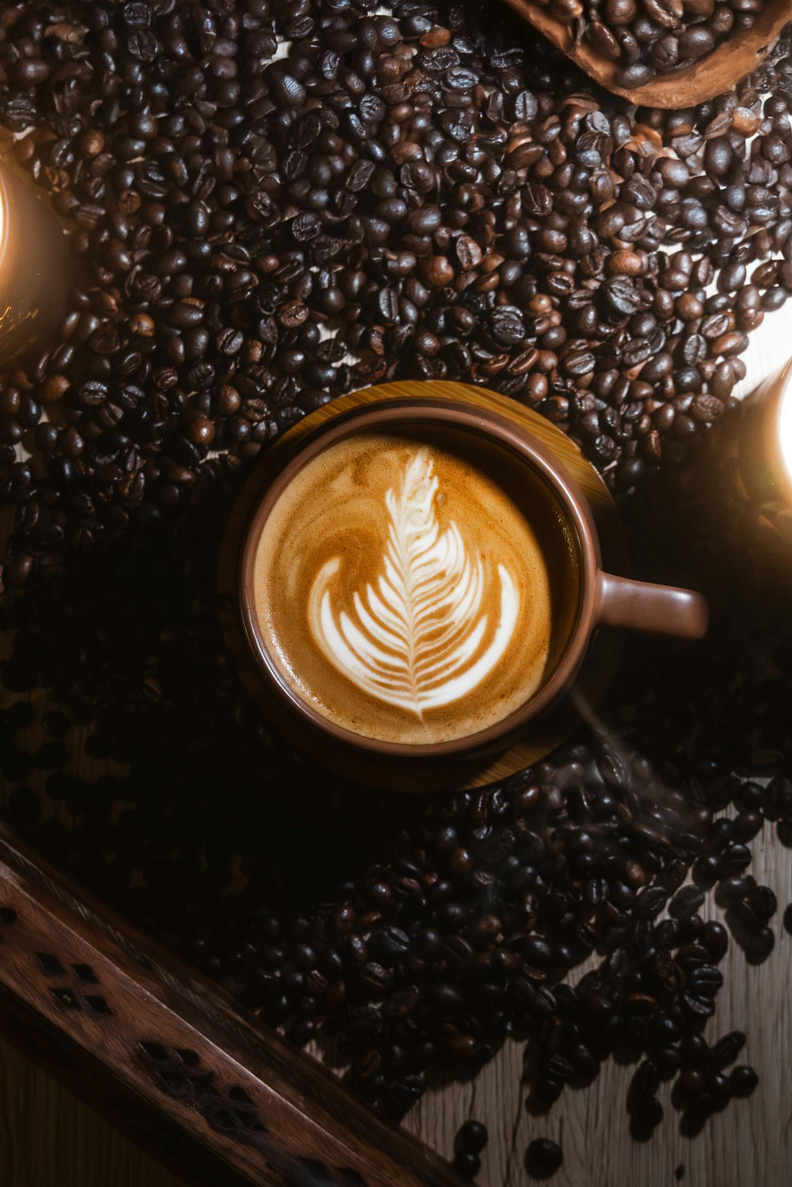 artistic latte with coffee beans overhead