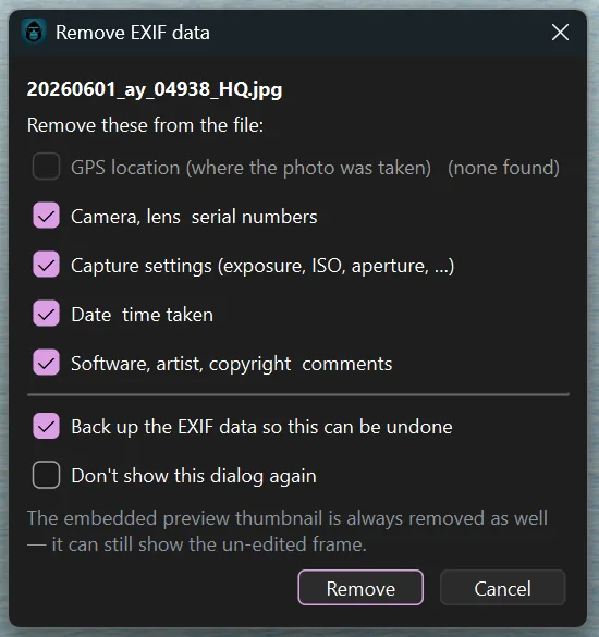 The Remove EXIF data dialog with GPS location greyed out and four groups ticked