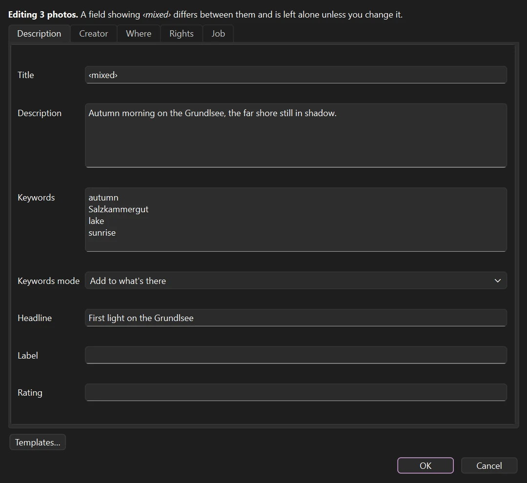 File info open over three photos with a mixed title field and shared keywords