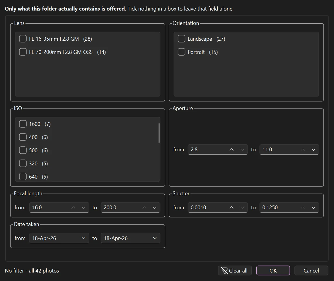 The filter window listing the lenses, ISO values and ranges the folder contains