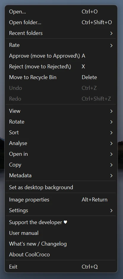 The CoolCroco menu: Open, Open folder and Recent folders at the top, then Rate, Approve, Reject and Move to Recycle Bin, then submenus for View, Rotate, Sort, Analyse, Open in, Copy and Metadata, with Settings, the user manual and About below