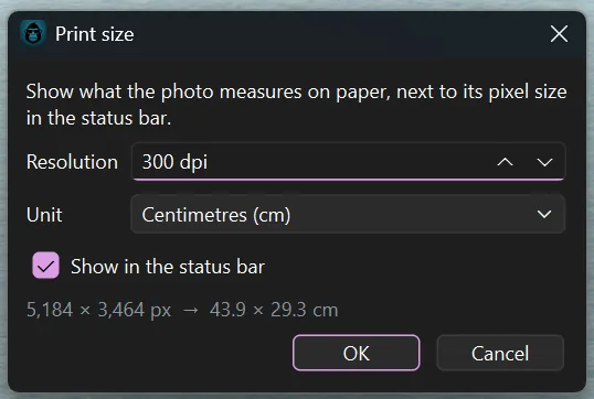 The Print size dialog with 300 dpi and centimetres selected