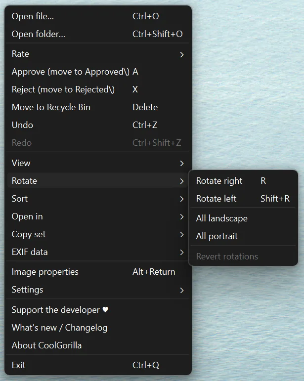 The CoolGorilla right-click menu with the Rotate submenu open
