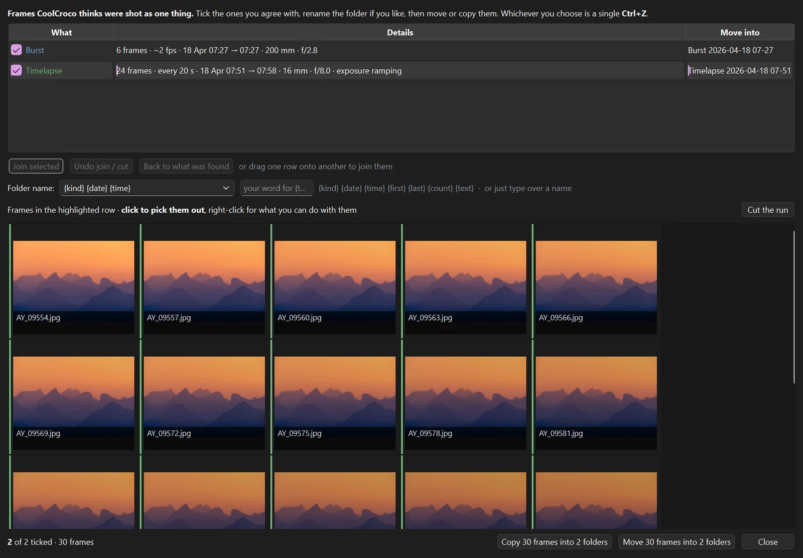 The Find sequences window with a burst and a timelapse found in one folder