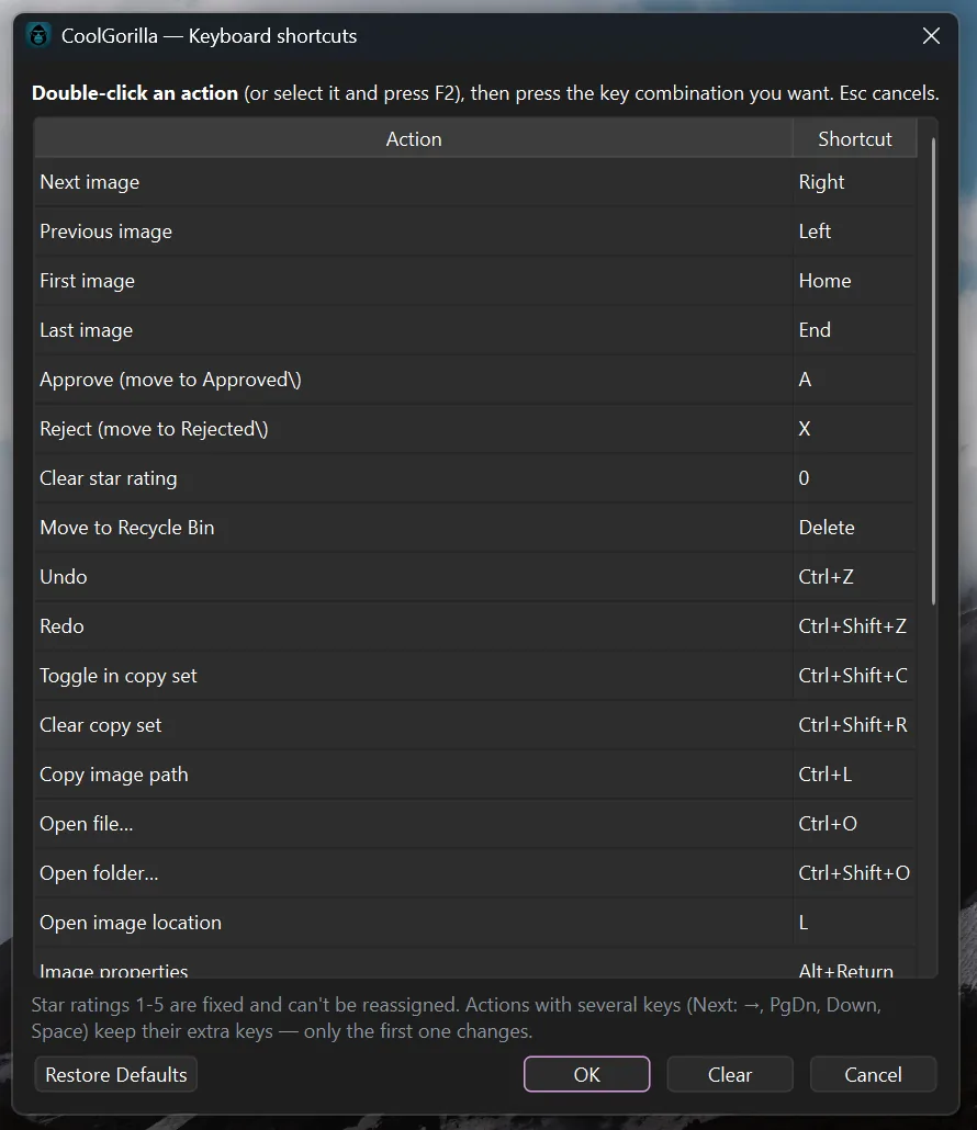 The Keyboard shortcuts dialog listing actions and their keys