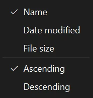 The Sort menu: Name ticked, Date modified, File size, then Ascending ticked and Descending