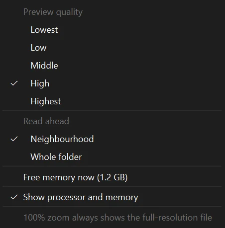 The speedometer menu: preview quality, read ahead, and Free memory now
