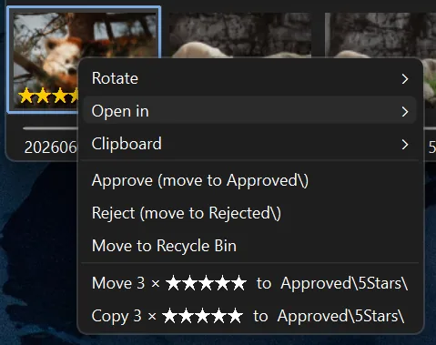 A thumbnail context menu offering to move or copy three five-star photos